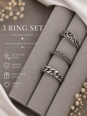Silver Floral & Chain Stackable Rings - Silver